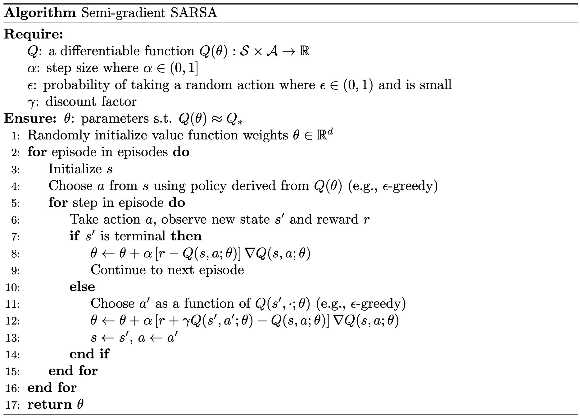 semi-gradient sarsa pseudocode