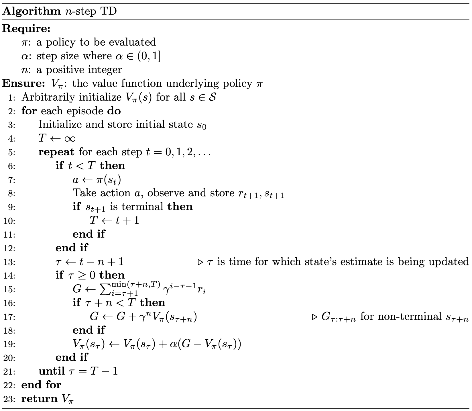 n-step temporal difference learning pseudocode