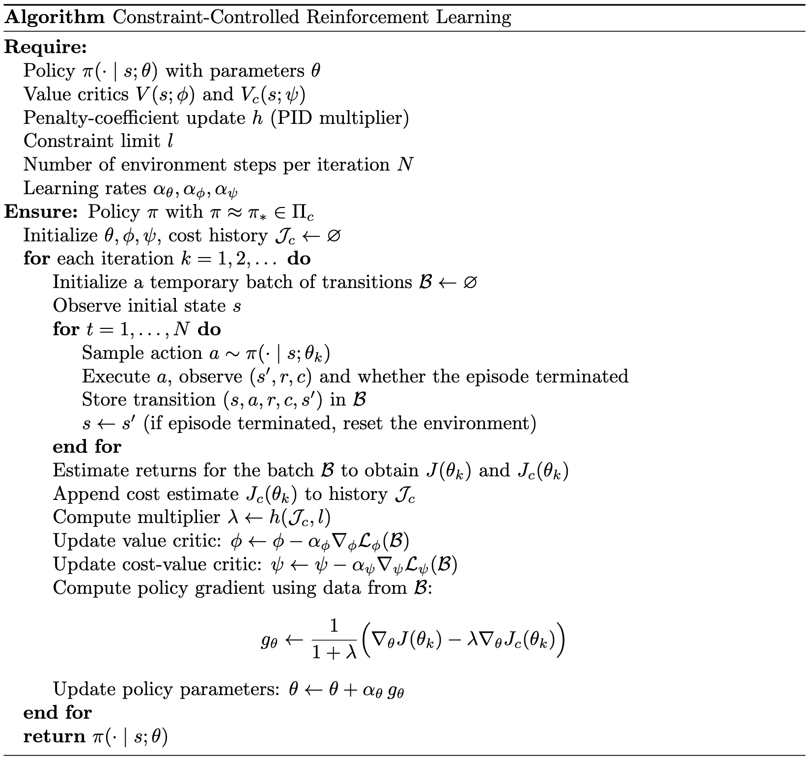 Constraint-Controlled Reinforcement Learning pseudocode