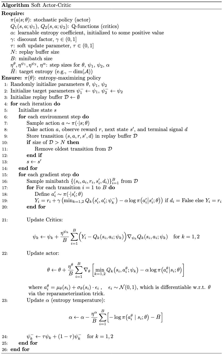 soft actor-critic pseudocode